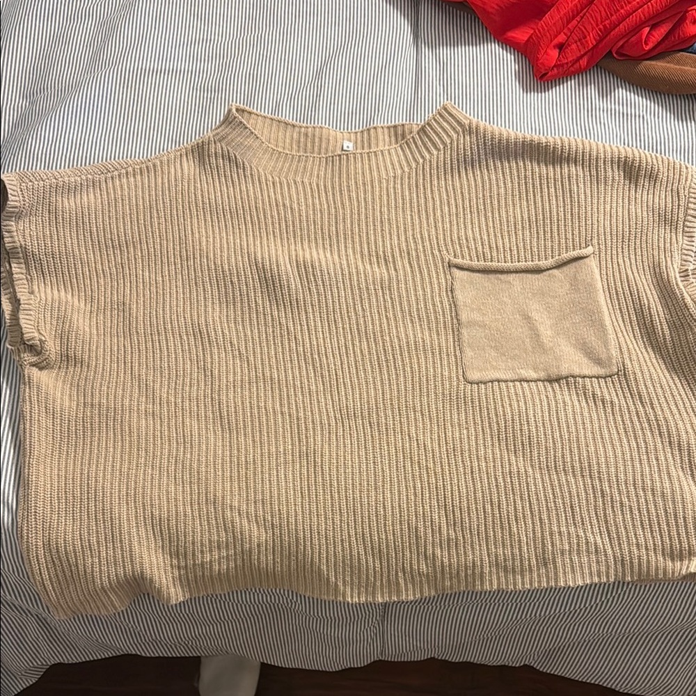 Tan Ribbed Knit Sweater with Pocket
